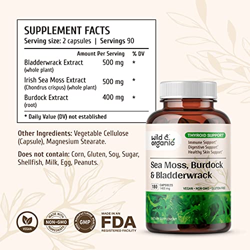 Sea Moss Capsules - 180 Caps Wildcrafted Irish Moss, Burdock Root & Bladderwrack Wild & Organic