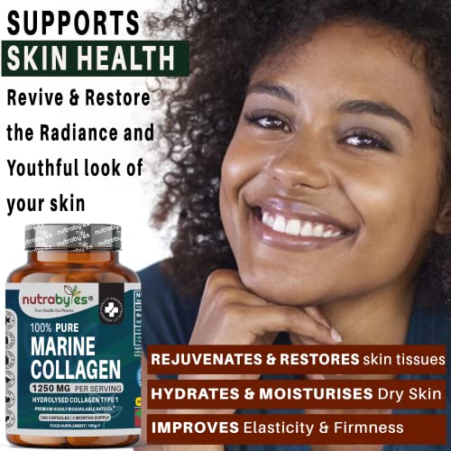 High Strength Marine Collagen Capsules - 1250mg Hydrolysed Collagen Supplement NUTRABYTES