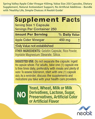Spring Valley Apple Cider Vinegar 450mg, Value Size 250 Capsules, Dietary Supplement Neobit