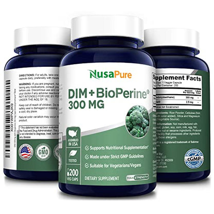 NusaPure DIM 300mg with Bioperine - 200 Veg caps (Non-GMO, Vegan, Gluten-Free) Diindolylmethane