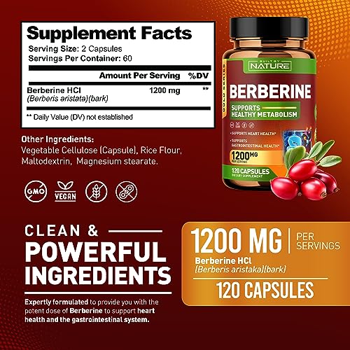 Berberine 1200mg - 100% Pure Berberine HCl Supplement, High Strength Berberine Built by Nature