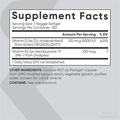 Sports Research Vitamin D3 + K2 with 5000iu of Plant-Based D3 & 100mcg of Vitamin Sports Research