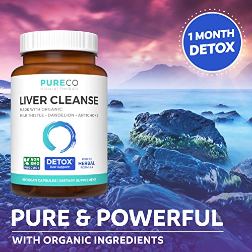 Organic Liver Cleanse Detox & Repair (Vegan, Non-GMO) Milk Thistle Extract (80% Silymarin) PURE CO