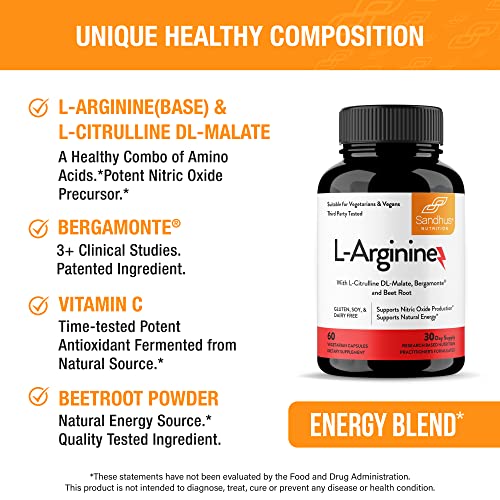 Sandhu's L-Arginine with Nitric Oxide Precursor | Made in The USA| 30 Days Supply Sandhu's