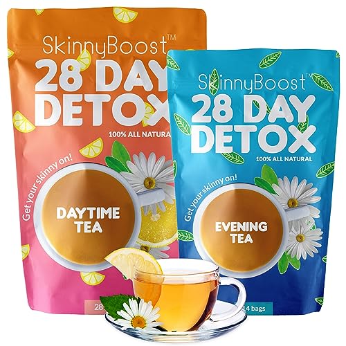SkinnyBoost 28 Day Detox Tea Kit-1 Daytime (28 Bags) 1 Evening (14 Bags) Non GMO