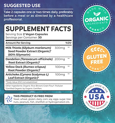 Organic Liver Cleanse Detox & Repair (Vegan, Non-GMO) Milk Thistle Extract (80% Silymarin) PURE CO