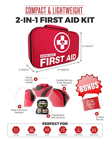 Swiss Safe 2-in-1 First Aid Kit (120 Piece) + Bonus 32-Piece Mini Kit Swiss Safe