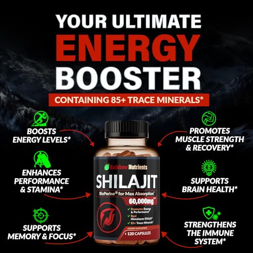 Pure Himalayan Shilajit Capsules Supplement (60,000mg+ Absorption Enhancer+50% Rainbow Nutrients, LLC