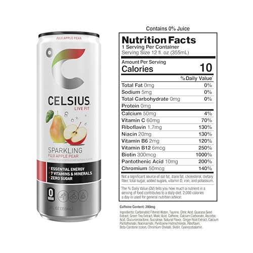 CELSIUS Sparkling Fuji Apple Pear, Functional Essential Energy Drink 12 Fl Oz (Pack of 12) CELSIUS