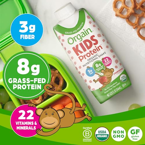 Orgain Organic Kids Nutritional Protein Shake, Strawberry - Kids Snacks with 8g Dairy Orgain