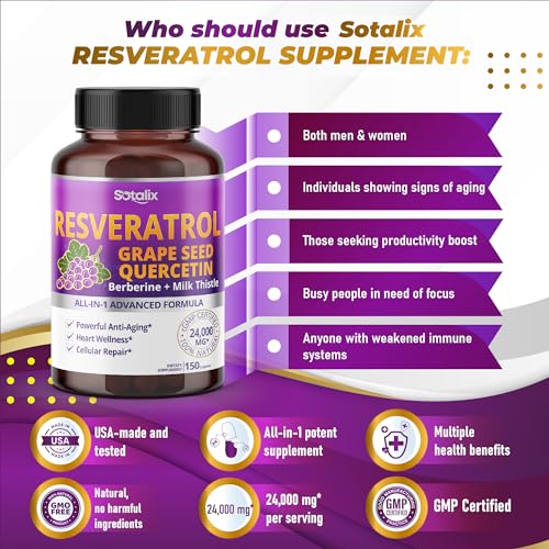 Resveratrol 24,000mg with Grape Seed + Quercetin Berberine + Milk Thistle Powerful Anti SOTALIX SUPPLEMENT