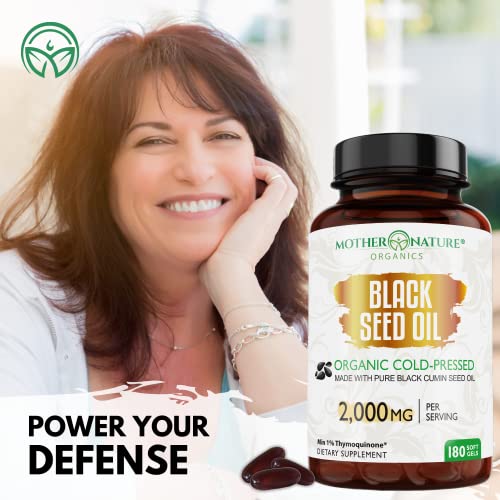 Organic Black Seed Oil Capsules - 3 Month Supply - 180 Count (2000mg Per Serving) Mother Nature Organics Superfoods for Organic Living