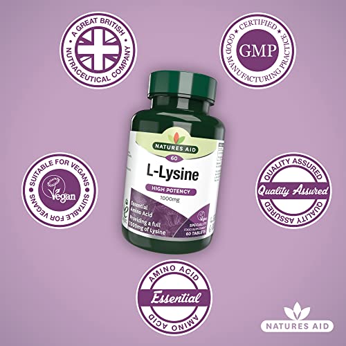 Natures Aid L-Lysine 1000 mg, High Potency Essential Amino Acid, Vegan, 60 Tablets natures aid