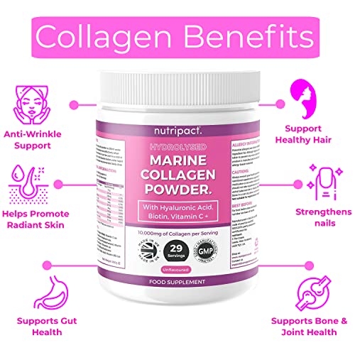 Hydrolysed Marine Collagen Peptides Powder with Hyaluronic Acid, Biotin, Vitamin C & B Vitamins – 10,000mg Collagen nutripact
