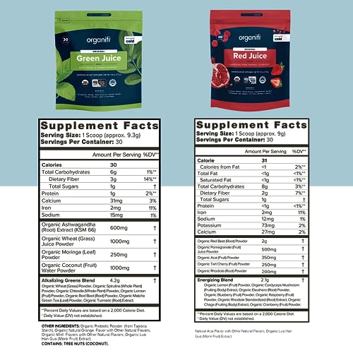 Organifi Green Juice and Red Juice Bundle - 30 Day Supply - Delicious, Refreshing Organic Organifi