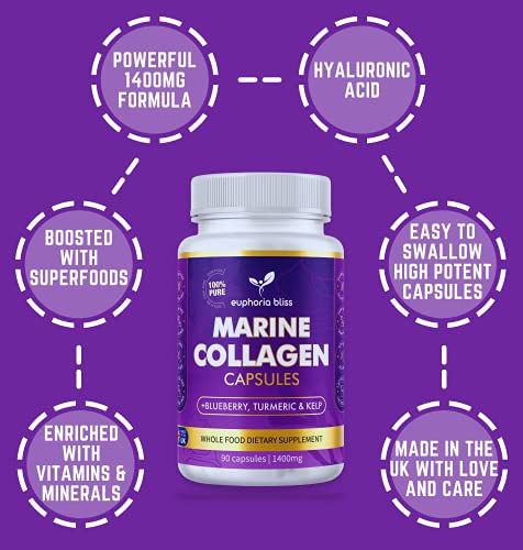 High Strength Marine Collagen Tablets - Skin, Hair, Nails & Joints - Fortified with Hyaluronic Acid Euphoria Bliss