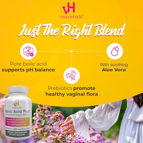 vH essentials Boric Acid Plus Vaginal Suppositories, Prebiotic Infused with Soothing Aloe Vera, pH vH essentials