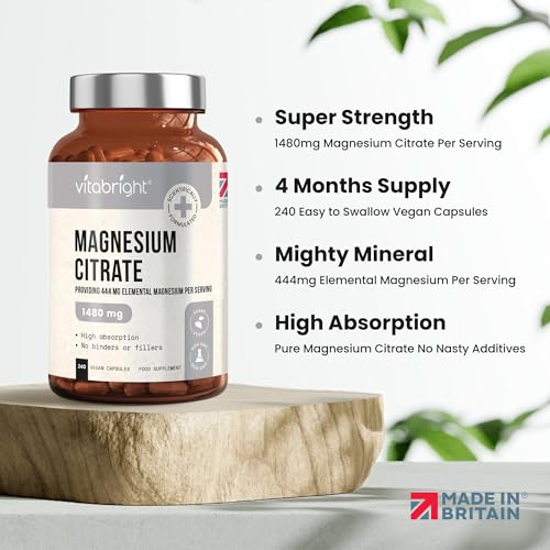 Magnesium Citrate - 1480mg High Strength - 240 Capsules (4 Month Supply) - Vegan VitaBright