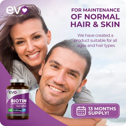 Biotin Hair Growth Supplement 12,000mcg with Coconut Oil | 400 High Strength Tablets EVO NUTRITION
