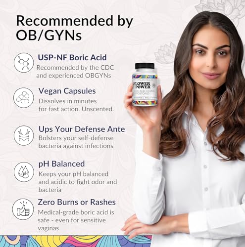 Flower Power Vegan Boric Acid Suppositories - 30 Capsules - 600mg for Vaginal Odor and pH Balance Flower Power