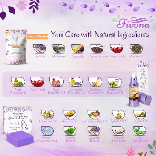 FIVONA Yoni Care Kit 4 in 1 - pH Balanced Natural Yoni Oil, Herbal Bar Soap for Feminine V Wash, Detox FIVONA