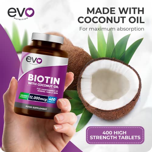 Biotin Hair Growth Supplement 12,000mcg with Coconut Oil | 400 High Strength Tablets EVO NUTRITION