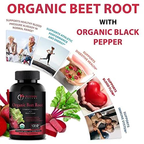 Organic Beet Root Powder 1350mg with Black Pepper-Nitric Oxide Booster, Digestive System, Athletic Performance-120 Tablets,675mg of Organic Beet Powder per Tablet