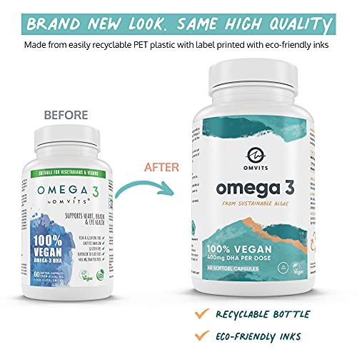 Omvits Vegan Omega 3 DHA from Algae Oil 1000mg - 60 Softgel Capsules with Vitamin E Omvits