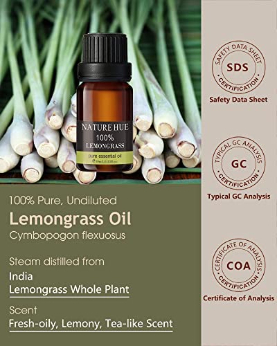 NATURE HUE Lemongrass Essential Oil - 10 mL (1/3 oz) - Pure, Natural, Therapeutic Grade NATURE HUE