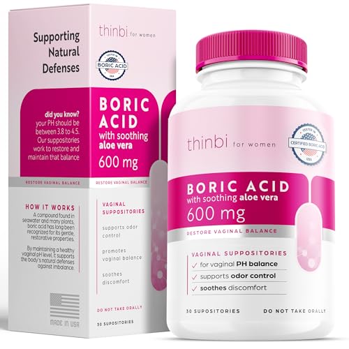 Thinbi Boric Acid Suppositories for Women w/Aloe Vera - BV Treatment & PH Balance