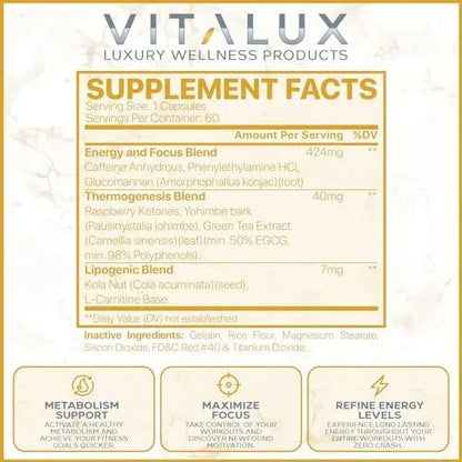 VITALUX || Premium Thermogenic Energy Burn || Metabolism Support, Boost Energy Levels, Increase Focus | Ultra Dosed Pre Workout w/ 8 Powerful Ingredients | 3rd Party Tested + USA Made - 120 Servings