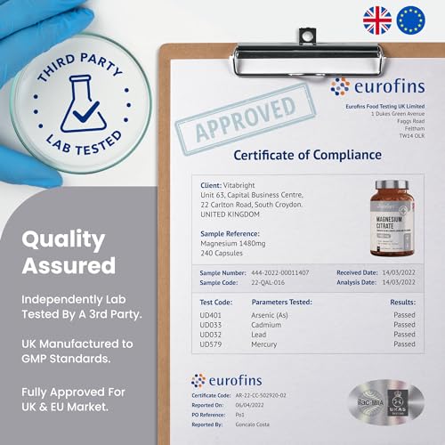 Magnesium Citrate - 1480mg High Strength - 240 Capsules (4 Month Supply) - Vegan VitaBright
