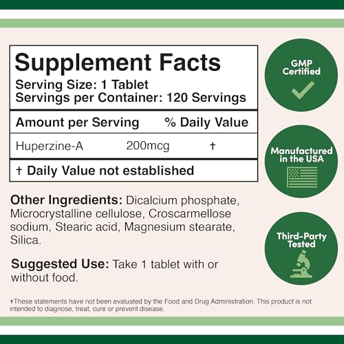 Huperzine A 200mcg (Third Party Tested) Manufactured in The USA, 120 Tablets, Brain Double Wood Supplements