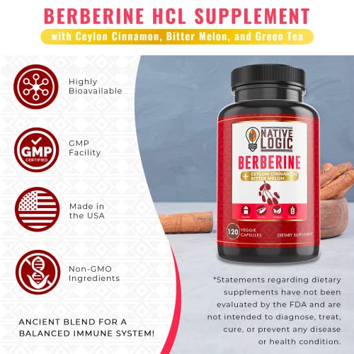 Native Logic Berberine HCL 1200mg with Ceylon Cinnamon, Bitter Melon, and Green Tea Native Logic