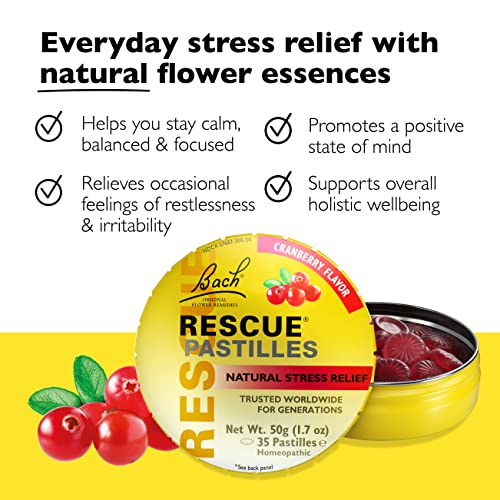 Bach RESCUE PASTILLES, Cranberry Flavor, Natural Stress Relief Lozenges RESCUE
