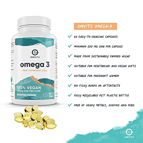 Omvits Vegan Omega 3 DHA from Algae Oil 1000mg - 60 Softgel Capsules with Vitamin E Omvits