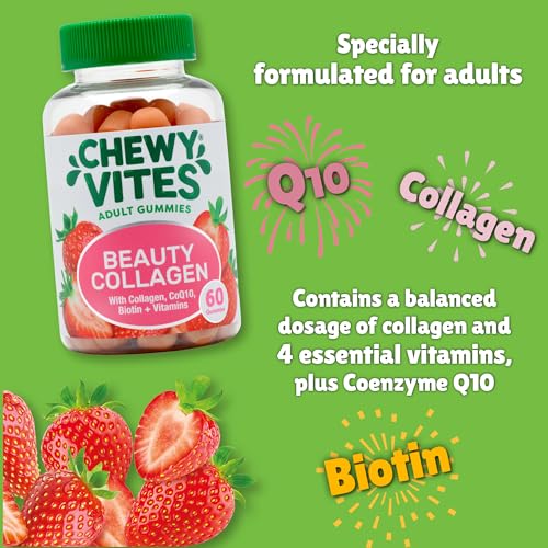 Chewy Vites Beauty Collagen 60 Gummy Vitamins |Hydrolised Collagen, CoQ10, Biotin + Vitamins | 1 Month Supply | Real Fruit Juice | Berry Flavour | 2-a-Day | CHEWY VITES