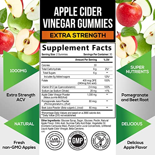 Vegan Apple Cider Vinegar Gummies | Max Strength 1000mg | ACV Supplement Gummy for Adults Health Nutrition Naturals