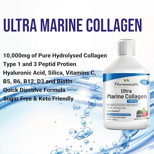Marine Collagen Liquid 10000mg Sugar Free Berry Flavour, Hydrolysed Peptides, Hyaluronic Acid, Biotin, Silica, Vitamin C, Healthy Skin Pharmanostix