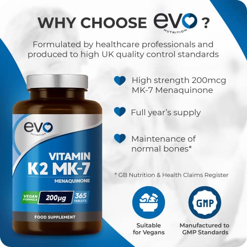 EVO NUTRITION Vitamin K2 MK-7 200mcg | 365 Vegetarian and Vegan Tablets EVO NUTRITION