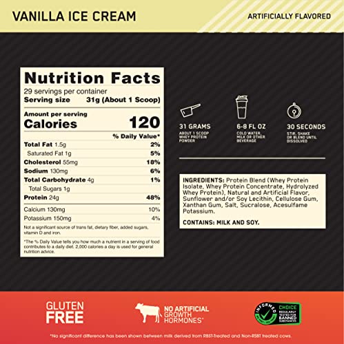 Optimum Nutrition Gold Standard 100% Whey Protein Powder, Vanilla Ice Cream, 2 Pound Optimum Nutrition