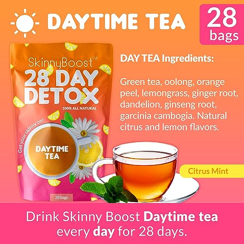 SkinnyBoost 28 Day Detox Tea Kit-1 Daytime (28 Bags) 1 Evening (14 Bags) Non GMO SkinnyBoost