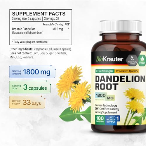 BIO KRAUTER Dandelion Root Capsules - Organic Dandelion Root Supplement - Vegan BIO KRAUTER