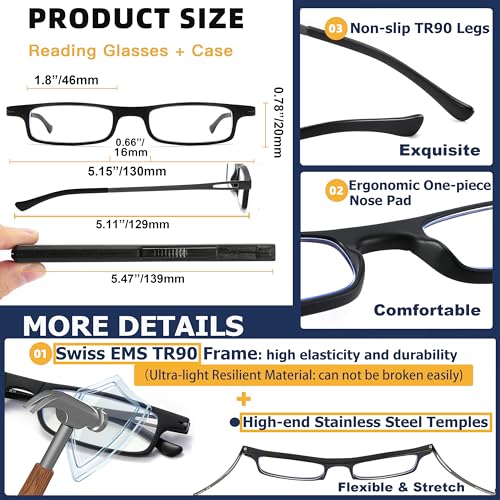 TOVEEN 2 Pack Compact Reading Glasses Anti Blue Light UV, Ultra-thin Slim TR90 Readers TOVEEN