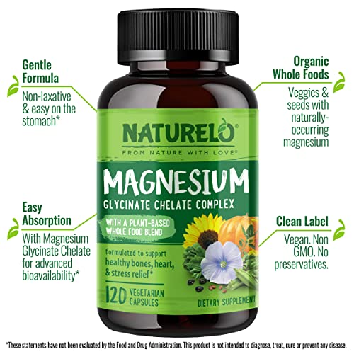 NATURELO Magnesium Glycinate Chelate Complex - 200 mg Magnesium with Organic NATURELO