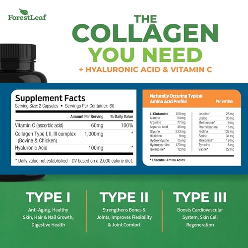 ForestLeaf Multi Collagen Pills with Hyaluronic Acid + Vitamin C, 120 Caps