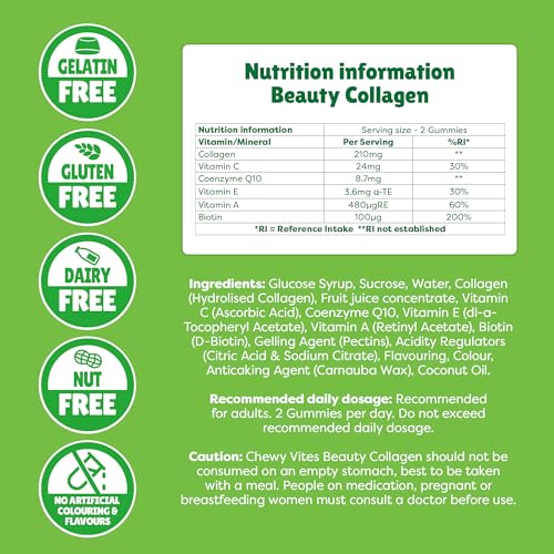 Chewy Vites Beauty Collagen 60 Gummy Vitamins |Hydrolised Collagen, CoQ10, Biotin + Vitamins | 1 Month Supply | Real Fruit Juice | Berry Flavour | 2-a-Day | CHEWY VITES