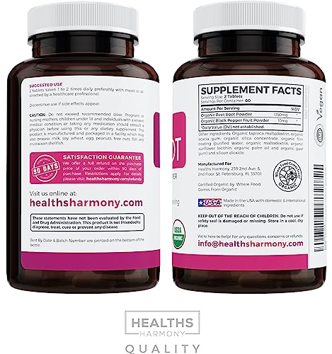 USDA Organic Beet Root Powder (120 Tablets) 1350mg Beets Per Serving with Black Pepper