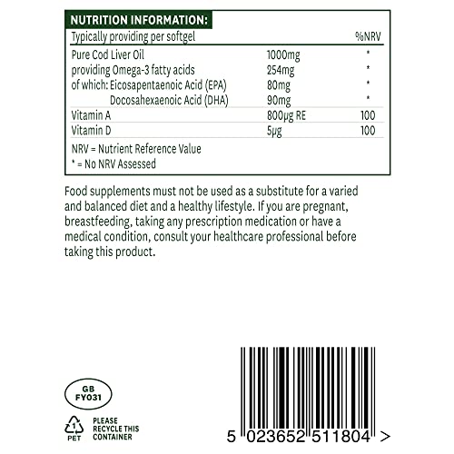 Natures Aid Cod Liver Oil, 1000 mg, 180 Softgel Capsules (High Strength, 254 mg Omega natures aid