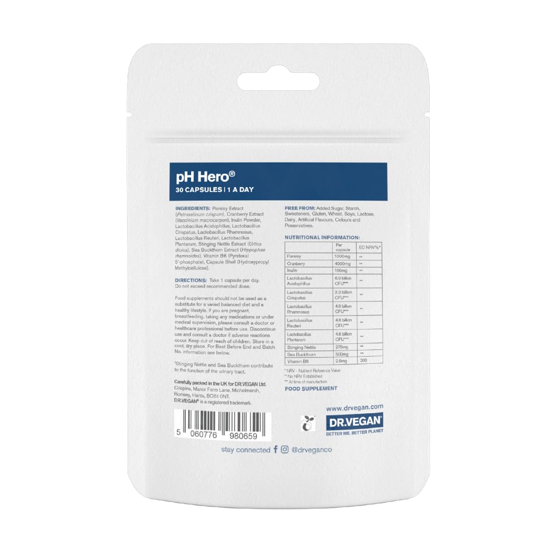 DR.VEGAN | pH Hero | Supports Balanced Vaginal Flora | 50bn CFU | Cranberry | Sea Buckthorn dr vegan